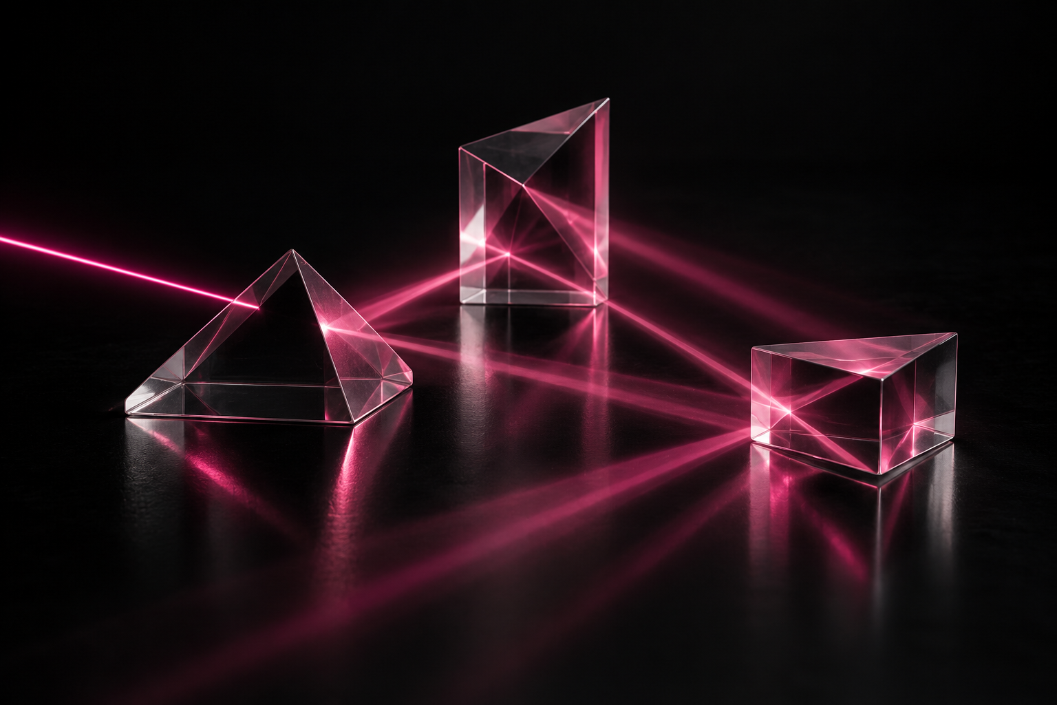 Prismas de vidro conectados por luz magenta, uma composição de múltiplas perspectivas